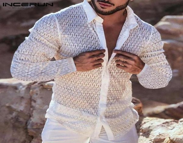 

men039s casual shirts men mesh shirt lapel long sleeve lace transparent 2021 clothing streetwear party nightclub camisas s9903826, White;black