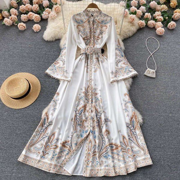 

spring and autumn retro stand up collar flared sleeves printed dress womens ins palace style knee length skirt, Black;gray