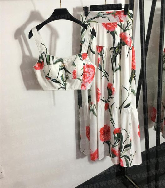 

vintage print sling vest dress two piece for women design lady tanks high waist skirts sets for party nightclub7144993, White