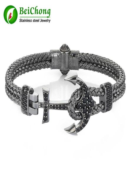 

bc fashion atolyestone artillery anchor bangel made of silver wire braids stainless steel magnestic clasp bracelet bangle men jewe7707170, Black