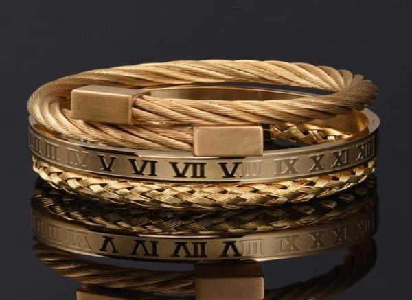 

3pcsset stainless steel beaded strands bracelets bangle hip hop luxury roman number charm gold color jewelry for men pulseira bil56826647, Black
