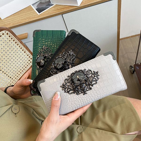 

factory wholesale ladies shoulder bags 3 colors personality skull punk clutch bag daily joker solid color embossed leather long wallet stone, Red;black