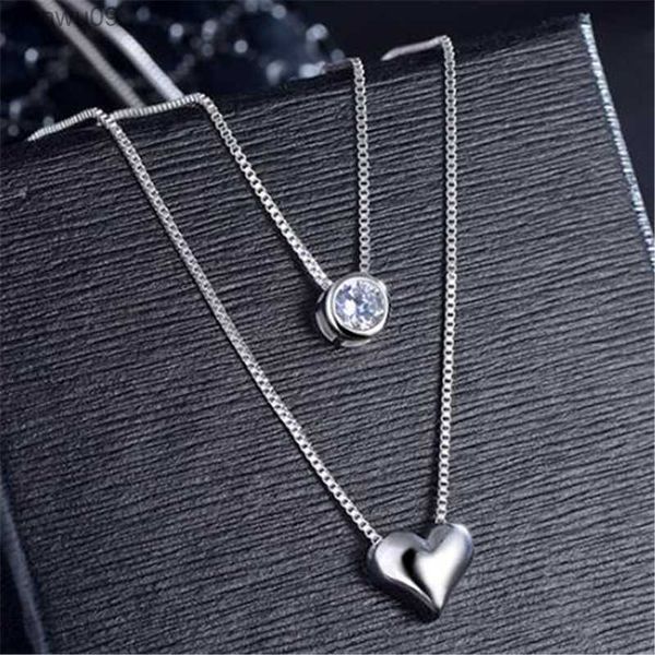 

925 sterling silver crystal double layer love heart charm pendant necklace for women wedding romantic jewelry choker collar l230704