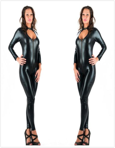 

5xl plus size novelty women black faux leather latex catsuit zipper front jumpsuit fancy dress fetish erotic body suit pu7656021