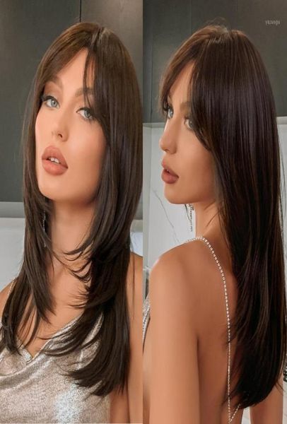 

synthetic wigs long straight black brown with bangs heat resistant for african american women daily use hair21398789551513