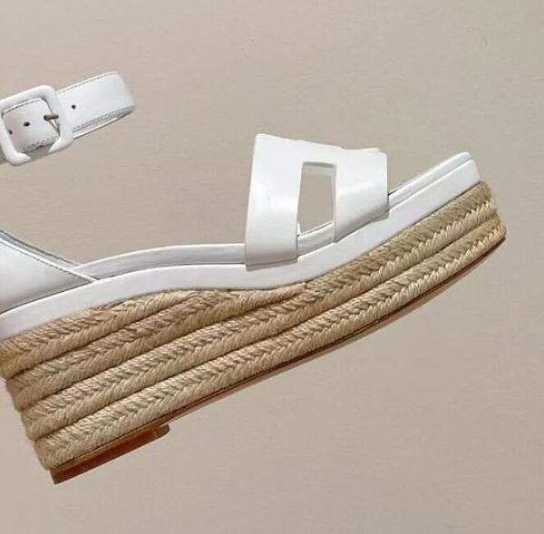 

designer platform wedge sandals leather slip on narrow band wedge shoes straw muffin soles loafers shoes flats luxury womens high heeled san, Black