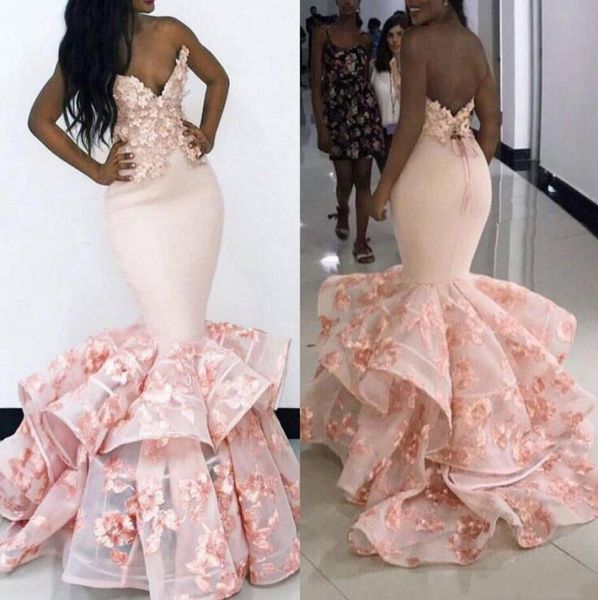 

african mermaid evening dresses 2019 pink sweetheart backless event prom gowns floral appliques tiered sweeptrain formal part7654741, Black;red
