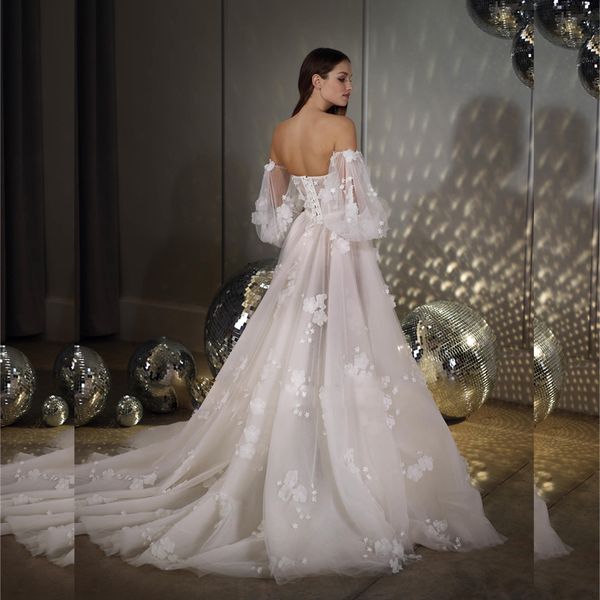 

remove long bishop sleeve wedding dresses 3d flowers sweetheart wedding gown elegant bridal dresses, White