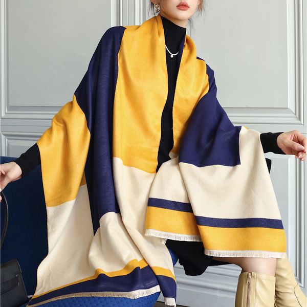 

scarves thick winter warm cashmere blanket scarf women luxury geometry print pashmina poncho shawl wraps with tassel casual bufanda 230807, Blue;gray