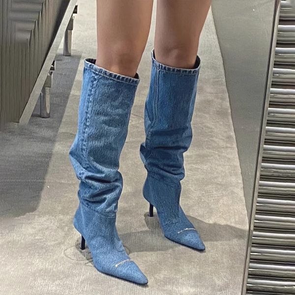 

stylish simple pointed denim knight boots women's stiletto heels, Black