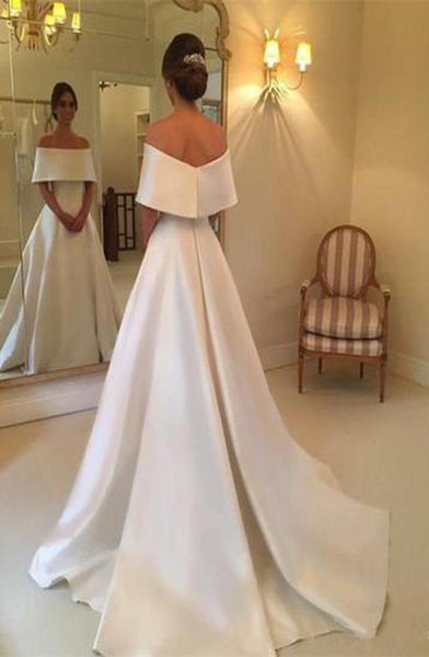 

2019 vintage wedding dresses bateau neck short sleeves zipper back a line dress long satin bridal gowns5607208, White