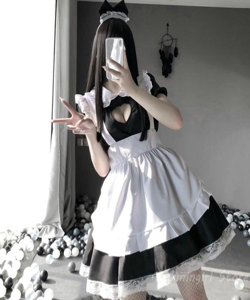 

japanese kawaii maid outfit for women lolita sweet anime cosplay costumes lingerie lace babydoll school girl costume4900920, Black;white