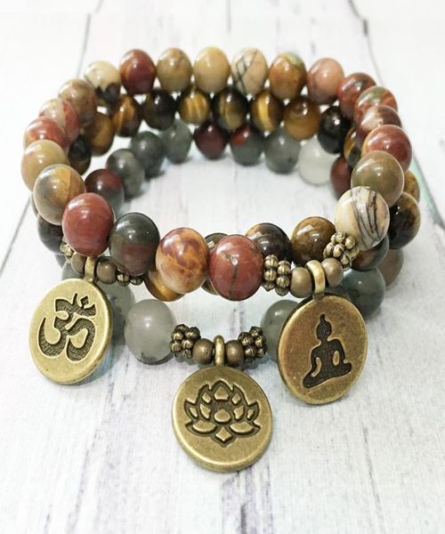 

mg0511 natural stone yoga bracelet set handmade bloodstone lotus charm bracelet tiger eye picasso jaspers bracelet for women7932109, Black