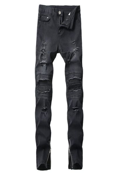 

men casual jeans hole slim straight pleated biker jeans pants male zipper denim fashion black pants3693763, Blue