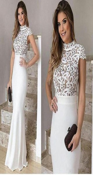 

elegant white lace evening dresses with high neck cap sleeves mermaid prom gowns custom made sheath bridesmaid dress5673190, Black;red