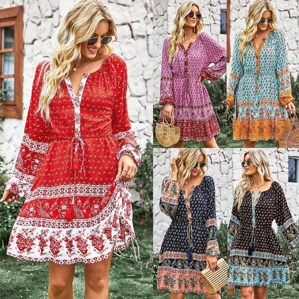 

research and development bohemian casual resort dress spring autumn four seasons skirt a line for women, Black;gray