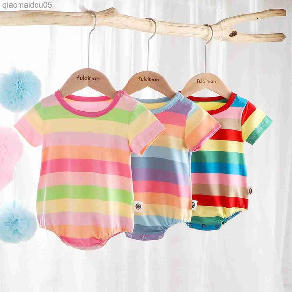 

baby rainbow rompers summer short sleeve baby bodysuits fashion cute baby onesie cotton new born baby girl boys clothes l230712, Blue
