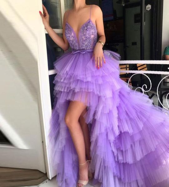 

light purple high low prom dresses spaghetti straps appliques beading tiered tulle plus size backless evening dresses party d3565811, Black