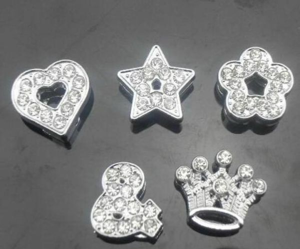 

whole 100pcslot 10mm mix styles heart star crown flower full rhinestones slide charms fit for 10mm diy leather wristband3539847, Bronze;silver