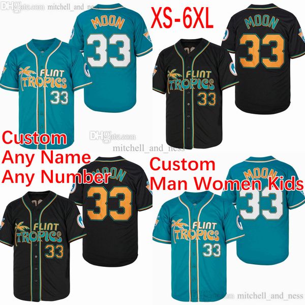 

movie flint tropics baseball 33 jackie moon jersey custom xs-6xl man women youth vintage stitched breathable sport green black shirts kids b