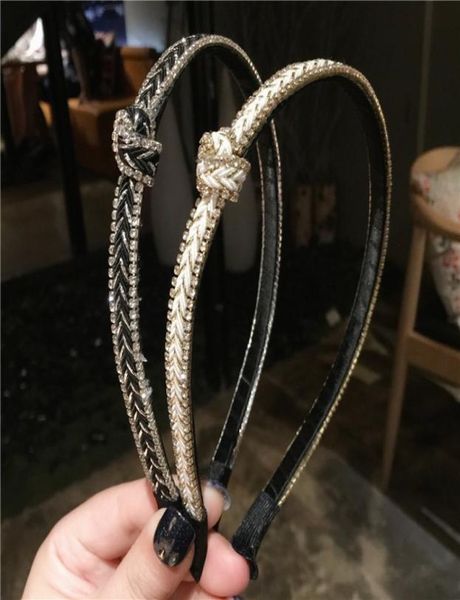 

new special design headband full round rhinestones slim knit belt style with tie hair hoop whole1628800, Black;brown