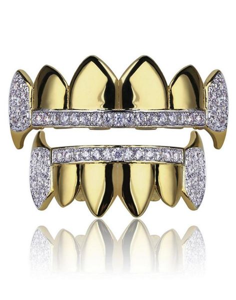

gold grillz jewelry hip hop dental grills fashion exquisite glaring zircon 18k gold plated 2piece set teeth braces1866073, Black
