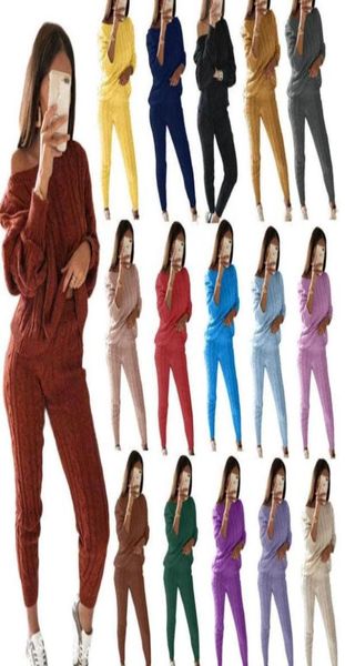 

2020 new arrival solid color women sweater two piece set clothing long sleeve crop and pants sweater suits22767827566543, Gray