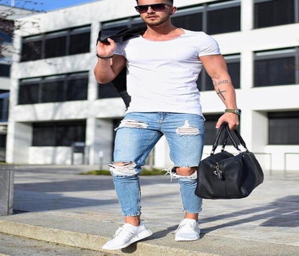 

mens ripped jeans casual skinny slim fit denim pants biker hip hop jeans with holel skinny distressed8764110, Blue
