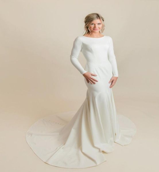 

simple elegant crepe mermaid wedding dresses modest with long sleeves jewel round neck button back lds informal modest bridal gown1324136, White