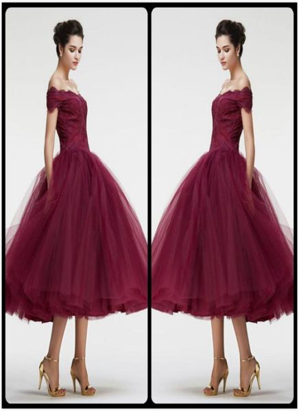 

burgundy off the shoulder ball gown vintage lace prom dresses tea length charming puffy train evening party dress for womens gowns2317011, Black