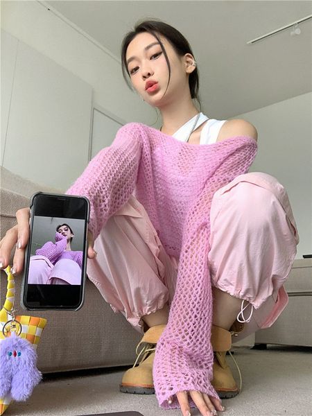

women's sweaters deeptown y2k aesthetic pink cropped sweater women harajuku vintage hollow out knitted pullover korean fashion loose ca, White;black
