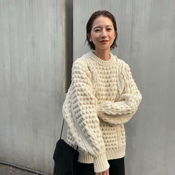 

women's sweaters clane women 100 wool sweater for autumn and winder round collar with long folded sleeves knit 230804, White;black