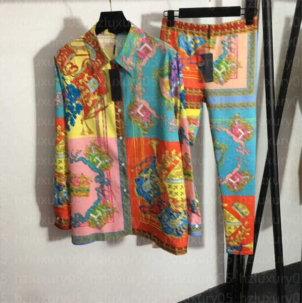 

designer suit womens fashion pants two piece set retro colorblocked floral print long sleeve shirt stretchy skinny bottoms fitness pant wome, White