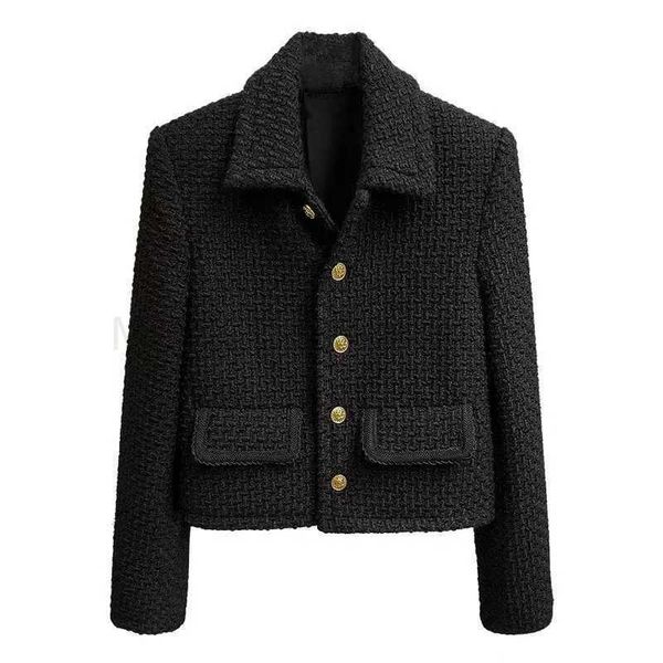 

black vintage lapel cropped tweed jackets korean trend single breasted wool blend coats elegant slim casacos classics outerwear461, Black;brown