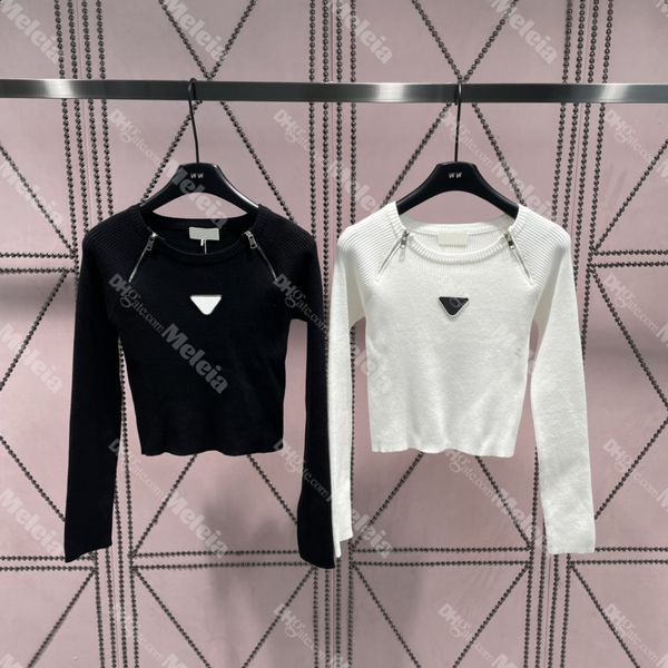 

women knits with zipper inverted triangle tees for lady long sleeve knitted sweater size, White