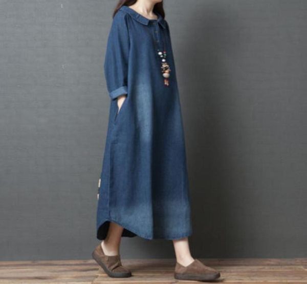 

casual dresses women loose denim shirt vintage single breasted collar maxi dress office lady long sleeve autumn midi robe2703198, Black;gray