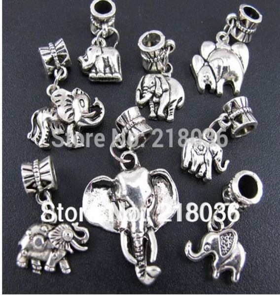 

100p mix antiques silver alloy animal elephant dangle charms pendants for european bracelet fashion jewelry making beads brand acc9186371, Bronze;silver