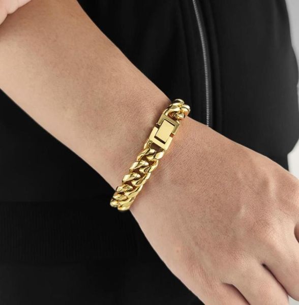 

gold plated miami pulseras de oro stainls steel cuban link chain hip hop jewelry men bracelet58267345613100, Golden;silver