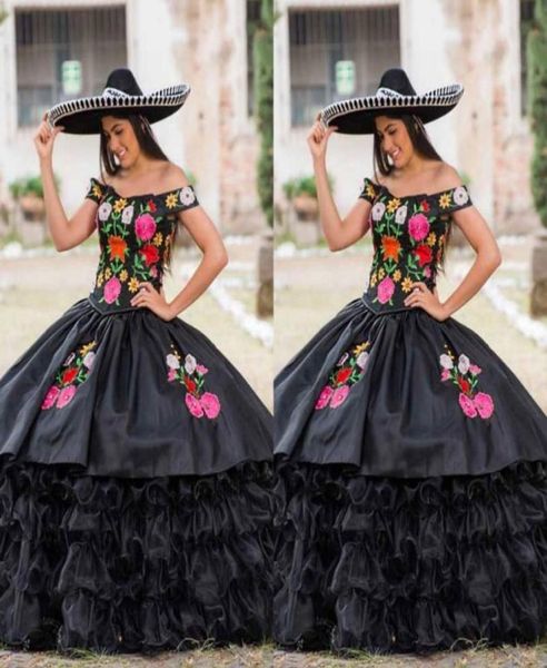 

2022 vintage black quinceanera dresses charro mexican embroidered ruffles satin organza off shoulder ball gown formal evening dres3712755, Blue;red