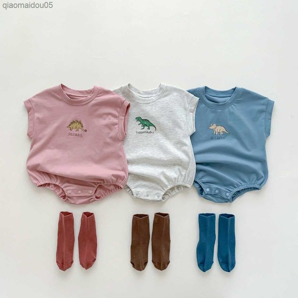 

2023 summer newborn boy girl dinosaur print sleeveless bodysuit baby cotton letter casual onesie infant cartoon fashion romper l230712, Blue