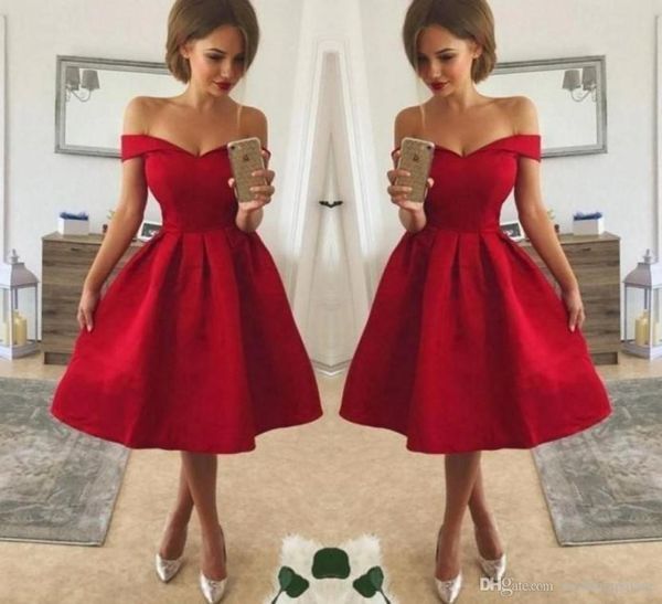 

new designer simple style red cocktail dresses off shoulder ruched satin knee length a line prom party gowns special occasio7522840, Black