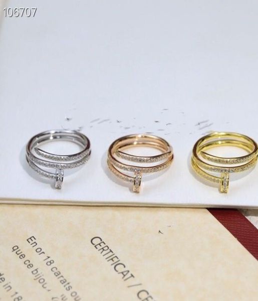 

vintage luxury brand designer s925 sterling silver ring with full crystal three layers nail for women jewelry6481813, Golden;silver