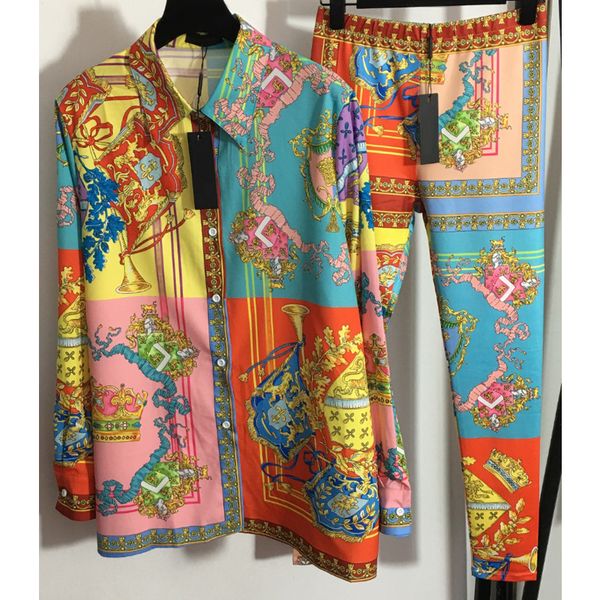 

8.7 vintage contrast color floral print blouse + leggings women's two piece sets, White
