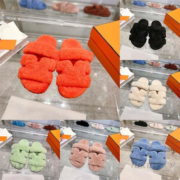 

designer chypre sandals wool slipper men women warm sandals classic suede flat slides winter fluffy furry sandal denim slides, Black