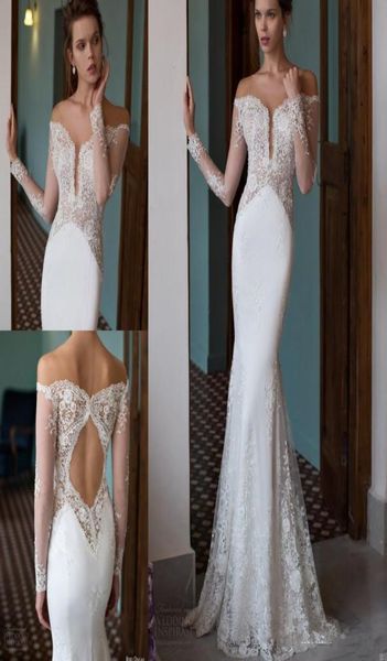 

fashion illusion long sleeves wedding gowns bateau neck backless applique lace mermaid bridal dresses china5027471, White
