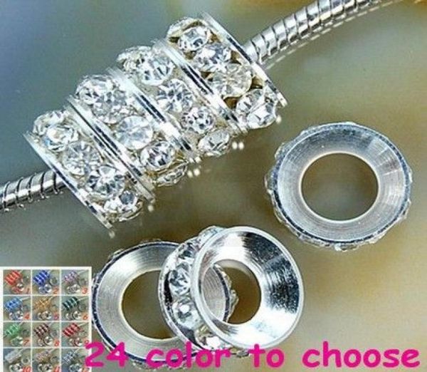 

white rhinestone crystal rondelle spacer beadsrhodium plated big hole european bead for bracelet diy findings jewelr7655013, Black