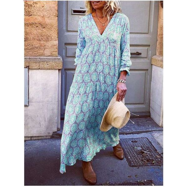 

womens selling v neck long sleeve print loose dress, Black;gray