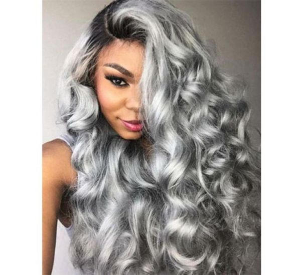 

brazilian ombre grey full lace human hair wigs wavy silver gray glueless front lace wigs 130 density with bleached knots gray9053126, Black;brown