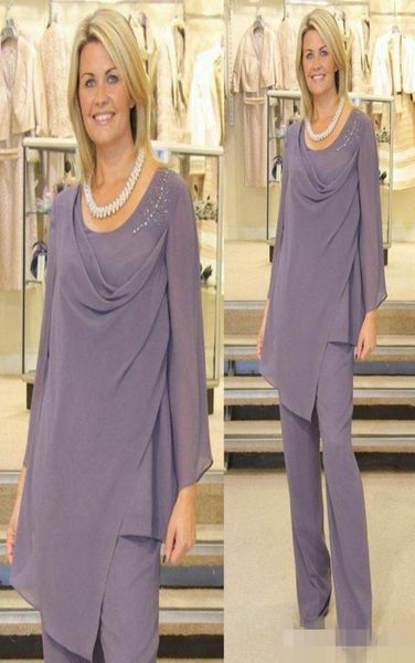 

elegant pastel purple mother of the bride suits pants long sleeves scoop neclk ruched chiffon beaded custom made plus size evening7311575, Black;red