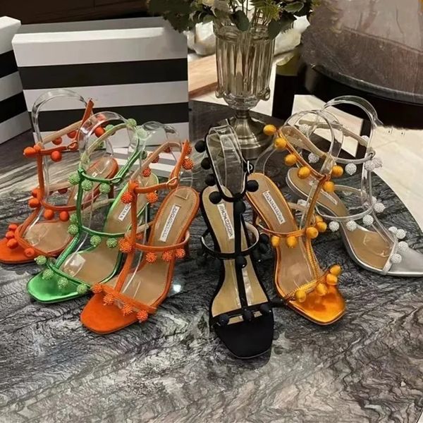 

aquazzura high-heeled sandals green party dress shoes stiletto mules diamond ball embellished metal sheepskin 9.5cm open toe women luxury de, Black